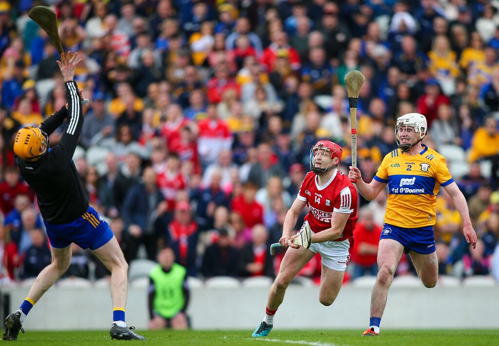 Eibhear Quilligan saves a shot from Cork's Alan Connolly during Clare's Munster championship win at Páirc Uí Chaoimh in April. Photograph: Ken Sutton/Inpho