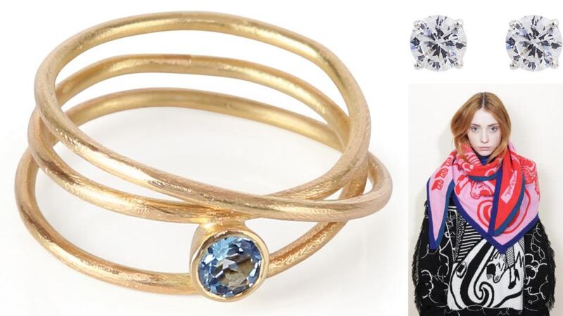 Aquamarine ring by Amoc, €995 at Design Loft, Powerscourt Townhouse; Natasha Sherling’s diamond studs, €495 from Brown Thomas; Electronic Sheep’s wool scarf, €94 at Bow or online at wendyswardrobeboutique.com