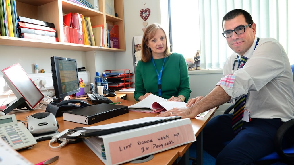 Dr Declan de Freitas, consultant nephrologist and transplant physician at Beaumont Hospital, in  a meeting with Aileen Counihan, in the transplant co-ordinators office. Photograph: Dara Mac Dónaill