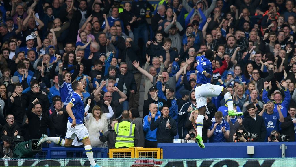 Romelu Lukaku scored twice as Everton beat Leicester City 4-2 at Goodison Park. Photograph: Paul Ellis/AFP