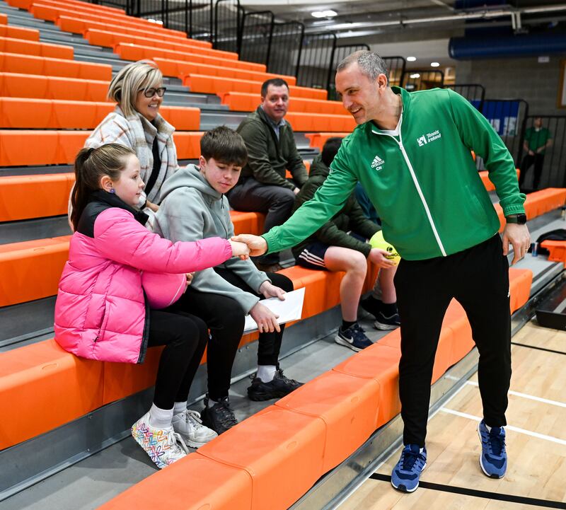Conor Niland in his role as non-player captain of the Irish Davis Cup team, meets Ellen McNicholas, who plays for the Catholic Institute tennis club in Limerick. Photograph: Brendan Moran/Sportsfile