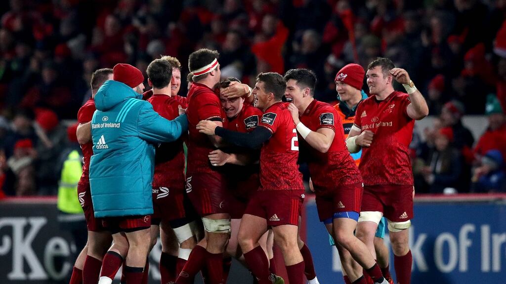 Munster celebrate after coming from behind to beat Glasgow Warriors in their Pro14 match on Saturday. Photograph: Ryan Byrne/Inpho