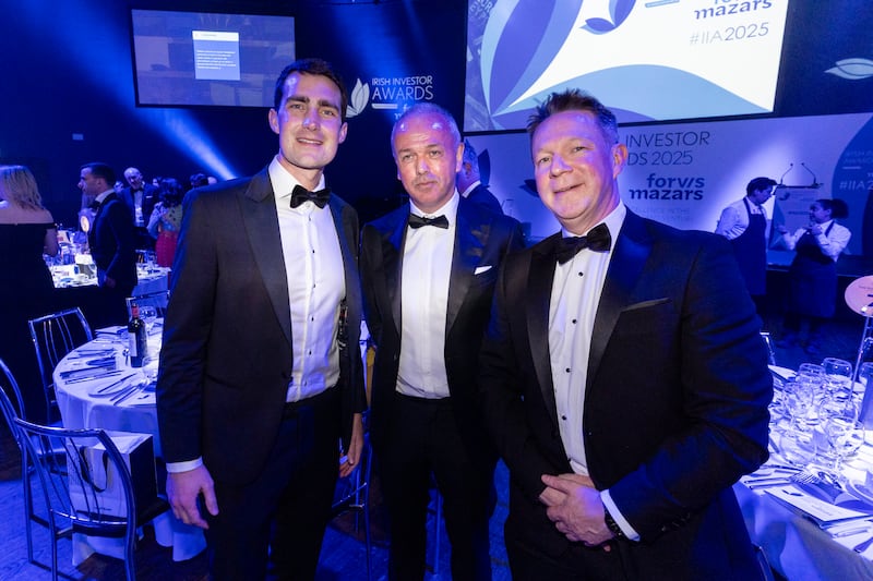 Minister for Public Expenditure Jack Chambers; Tom O’Brien, Managing Partner and Head of Financial Advisory, Forvis Mazarsin Ireland; and John Bowe, Corporate Finance Partner, Forvis Mazars in Ireland. Photograph: Corporate Photographers Dublin