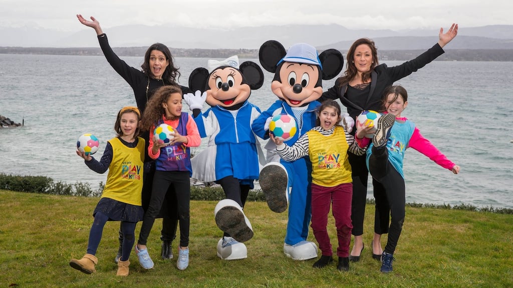 Disney’s Nicole Morse (L) and Uefa head of women’s football Nadine Kessler with Uefa Playmaker girls Lana, Apolline, Chloe and Julia. Photograph: Jeff Holmes/Uefa/PA
