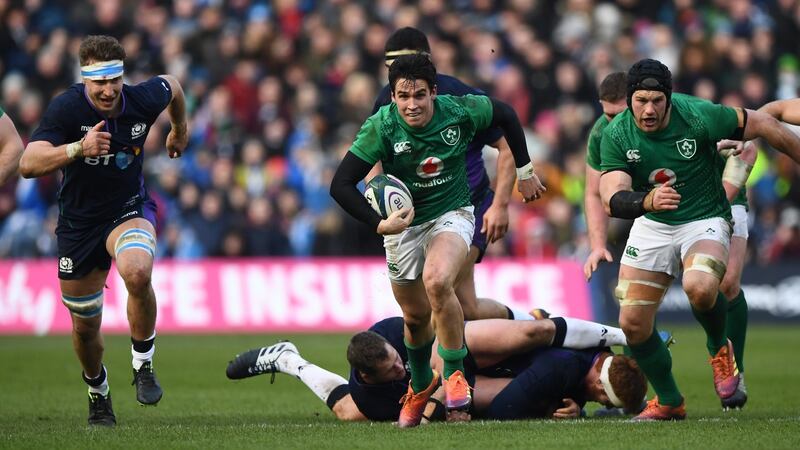 Joey Carbery breaks for Ireland at Murrayfield. Photograph: Stu Forster/Getty