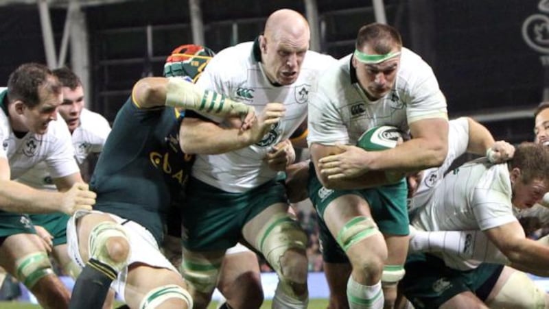 Ireland’s Rhys Ruddock makes a break against the Springboks with the support of Paul O’Connell at the Aviva Stadium. Photograph: Colm O’Neill / Inpho
