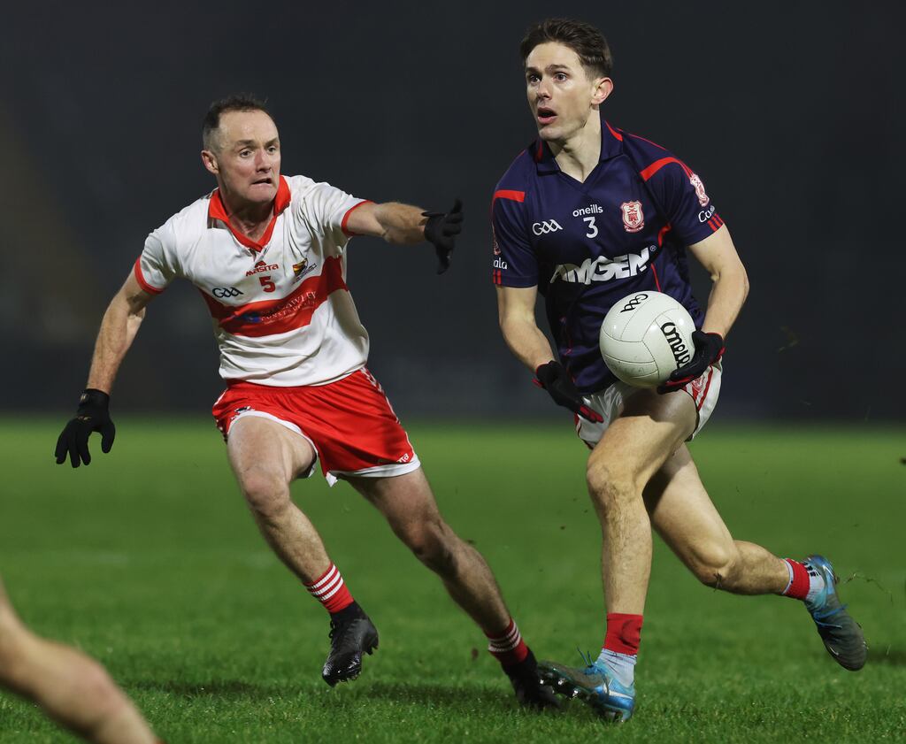 Coolera’s Jonathan Cassidy and Michael Fitzsimons of Cuala during the club championship semi-final, Kingspan Breffni Park, Cavan, earlier in January. Photograph: Lorraine O’Sullivan/Inpho