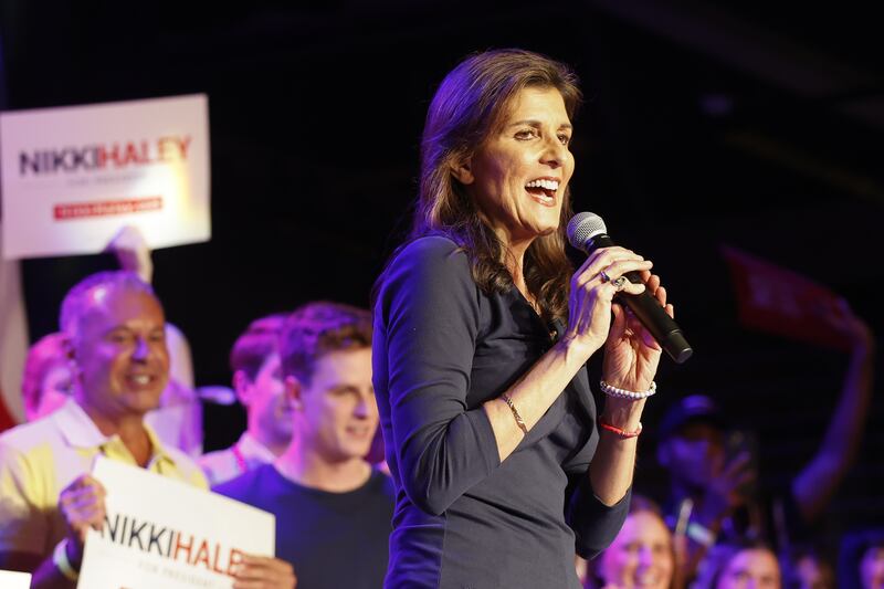 Republican US presidential candidate Nikki Haley speaking at a rally at Tannahills in Fort Worth, Texas, USA, on Monday. Photograph: Adam Davis
