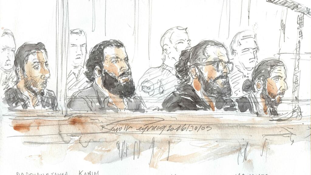 A court sketch shows suspected jihadists, facing charges of criminal association with a view to commit acts of terrorism, during their trial in a Paris courthouse on Monday. Photograph: Benoit Peyrucq/AFP/Getty Images
