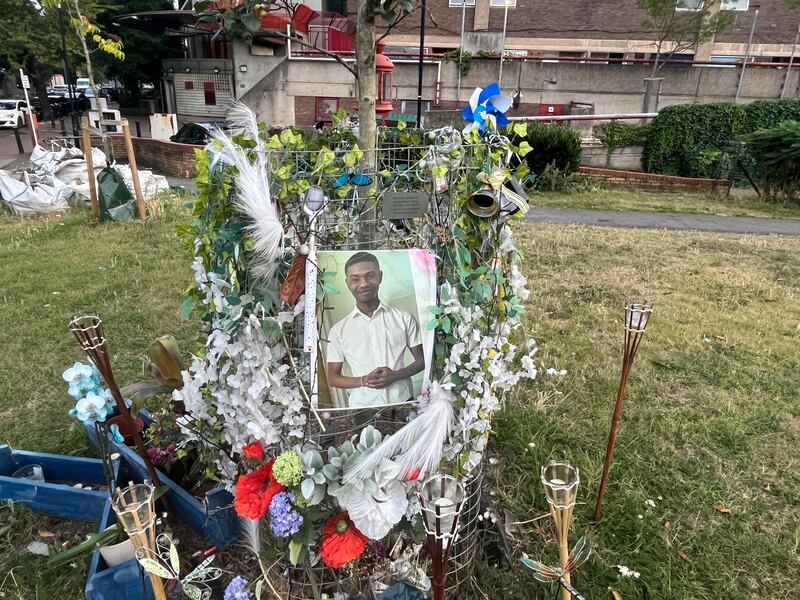 The memorial to Keelen Morris Wong near where he was killed on Coldharbour Lane in Brixton, south London. Photograph: Mark Paul