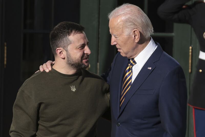US president Joe Biden greets Ukraine's president, Volodymyr Zelenskiy, outside the White House. Photograph: Oliver Contreras/Sipa/Bloomberg