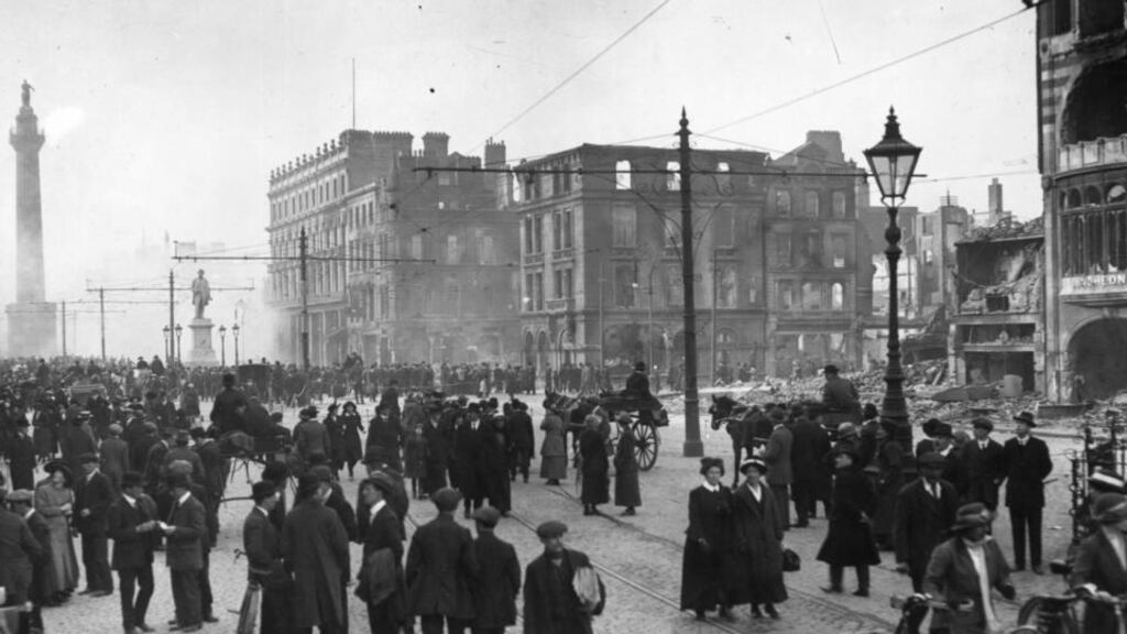 ‘As the centenary of 1916 approaches, the most apposite aspect of Garret FitzGerald’s reflections on Irish independence relate to sovereignty. Without the Irish revolution of 1916-21 the emergence of what was in effect a sovereign, independent republic in everything but name as early as 1937 was inconceivable.’ Above, bomb damage in Dublin following the Easter Rising. Photograph: Topical Press Agency/Getty Images