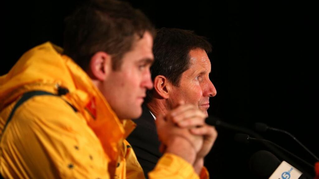 Robbie Deans, coach of the Wallabies and captain James Horwill speak to the media in Sydney. Photograph: Brendon Thorne/Getty Images