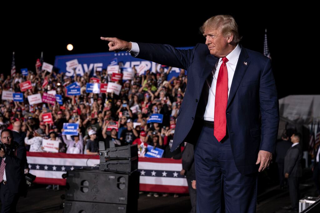 Former President Donald Trump speaks during a rally in Nevada last October. The former president has repeatedly cast himself as a victim of political persecution by a corrupt judicial system taking orders from the Biden administration. Photograph: Bridget Bennett/The New York Times