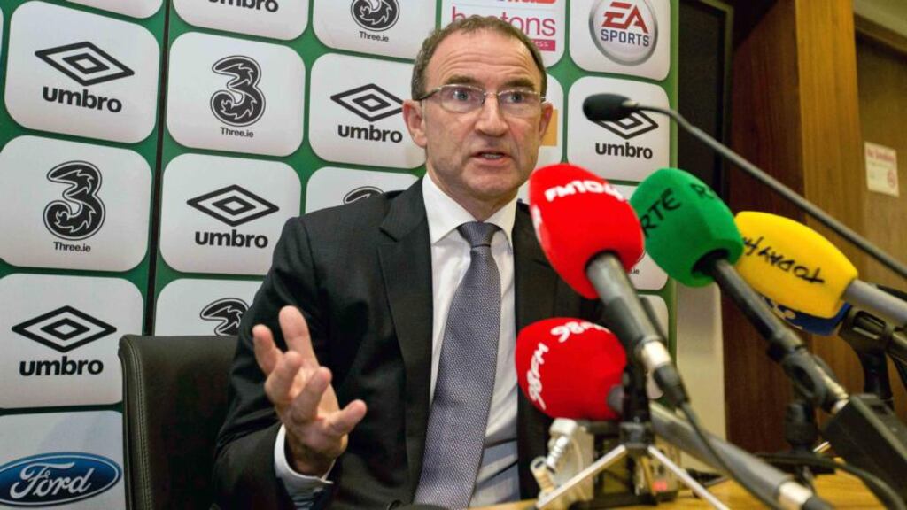 Martin O’Neill speaks to the media at FAI headquarters where he named his provisional squad for Ireland’s Euro 2016 qualifying ties with Germany and Poland. Photo: Morgan Treacy/INPHO