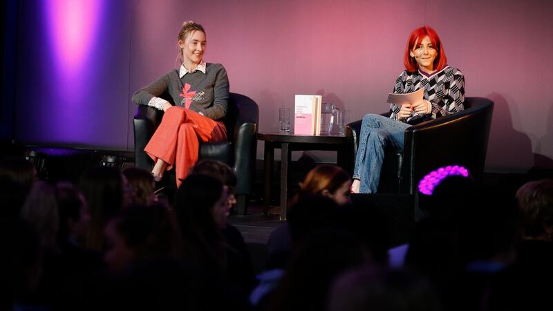 Saoirse Ronan and Scarlett Curtis, editor of Feminists Don’t Wear Pink, at Scoil Chaitríona, Glasnevin, Drumcondra, Dublin. Photograph: Nick Bradshaw/The Irish Times