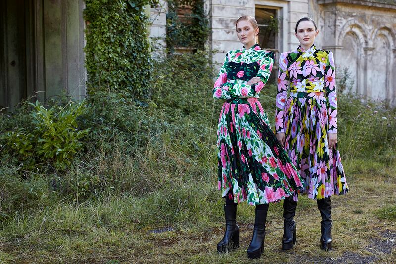 Richard Quinn: pleated skirts paired with poloneck