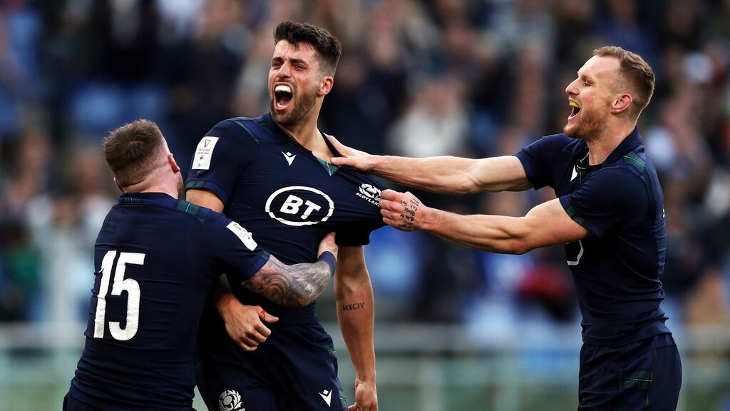 Scotland’s Adam Hastings celebrates scoring his side’s final try at the Stadio Olympico in Rome. Photo: Andrew Matthews/PA Wire.