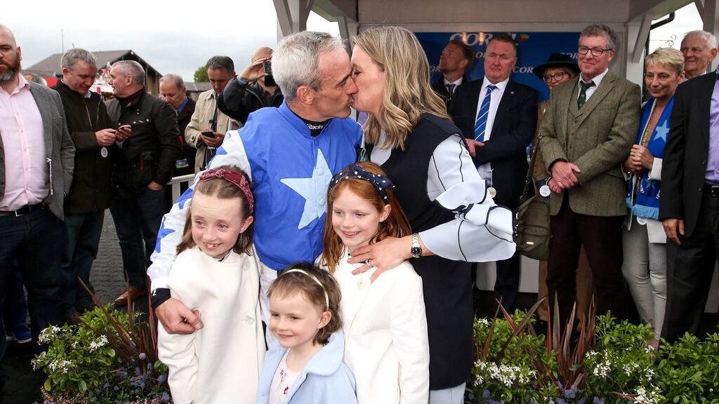 Ruby Walsh with his wife, Gillian, and daughters Isabelle, Elsa and Gemma after he announced his retirement at the 2019 Punchestown Festival in Co Kildare last Wednesday. Photograph: Tommy Dickson/Inpho