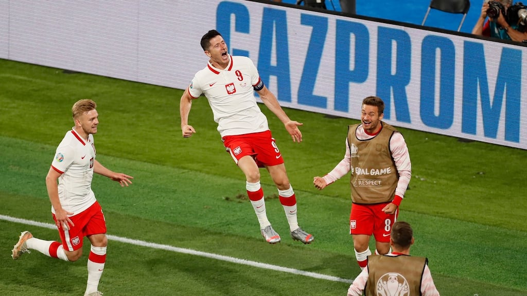 Poland’s Robert Lewandowski celebrates after scoring the equaliser during the Uefa Euro 2020 Group E match against Spain. Photo: Jose Manuel Vidal/AFP via Getty Images