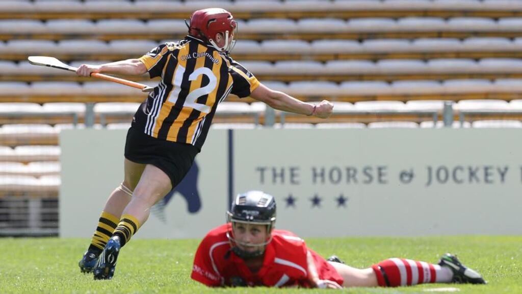 Katie Power of Kilkenny celebrates scoring a goal against Cork.