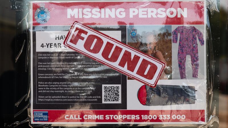 A Missing Person poster for Cleo Smith has a Found sticker placed over it at the police station in Carnarvon, Australia. Photograph: Richard Wainright/EPA