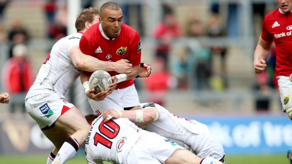 Simon Zebo gets swallowed up by Ulster’s Stuart Olding, Paddy Jackson and Andrew Trimble at Thomond Park. Photograph: Ryan Byrne/Inpho