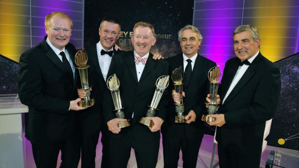 Winners of the 2013 EY Entrepreneur of the Year awards (from left): Kieran Fitzpatrick and Maurice Curran of Barracuda FX, Patrick Joy of Suretank, Brian Hogan of KSG and special award winner Denis Brosnan of Kerry Group