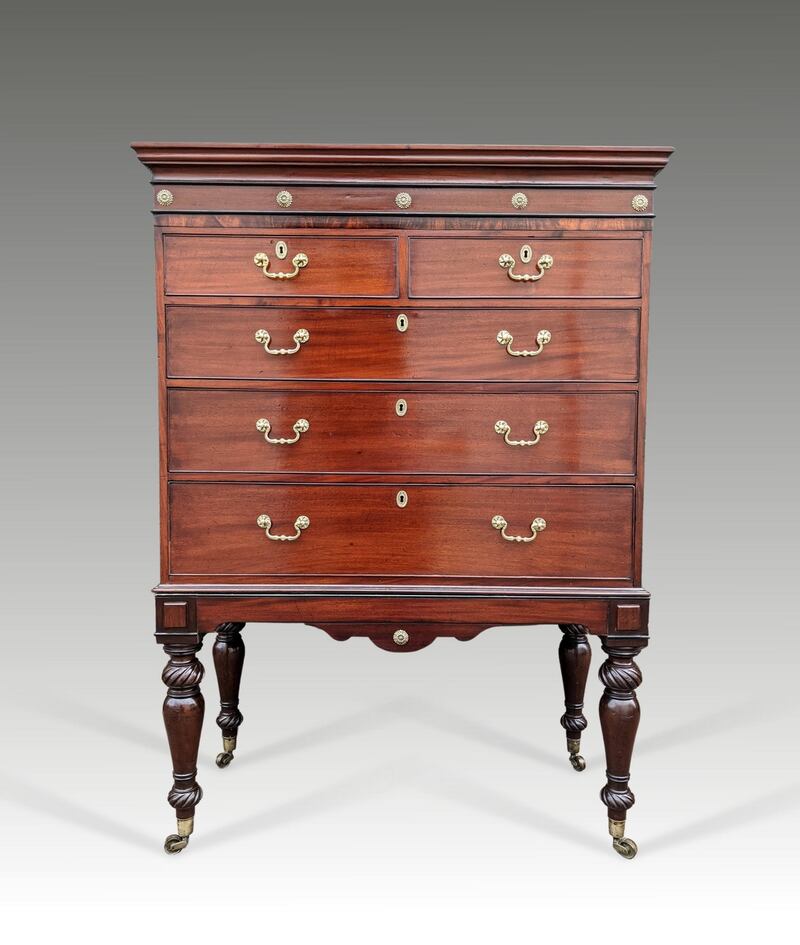 Fine 19th-century mahogany chest on stand with fitted brass rosettes, €600- €800