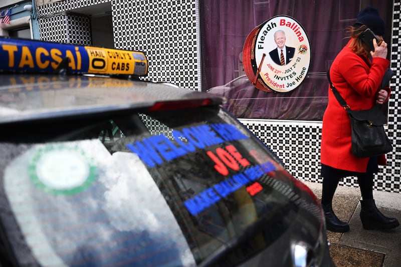 A welcome sign for US president Joe Biden in Ballina, Co Mayo, on April 14th, 2023. Photograph: Leon Neal/Getty