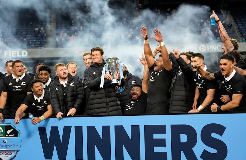New Zealand celebrate winning their victory over Ireland at Soldier Field in Chicago. Photograph: David Banks/Inpho/Photosport