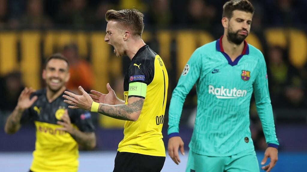 Marco Reus reacts to a missed chance in Dortmund’s goalless draw with Barcelona. Photograph: Friedmann Vogel/EPA