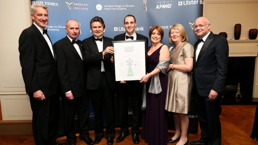 Eddie Cullen, Ulster Bank; James O’Connor of Microsoft and vice-president of the American Chamber of Commerce; Jim Callan, Stephen Ryan and Dervila Layden of Econiq; Prof Mary Daly, Royal Irish Academy, and Shaun Murphy. Photograph: Maxwells