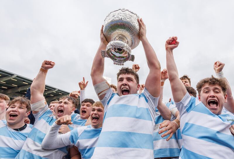 Blackrock College captain Sami Bishti lifts the cup as the school celebrate another Leinster Schools Senior Cup triumph this year. It’s hard to see how the Cork, Limerick, Galway and Belfast schools will ever match the facilities and coaching budgets of St Michael’s, Blackrock et al. Photograph: James Crombie/Inpho