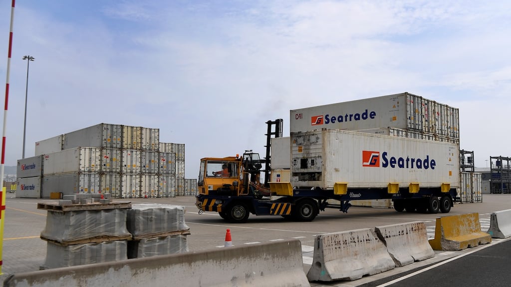 Containers are loaded on to trucks at Dover port. Photograph: Andy Rain/EPA