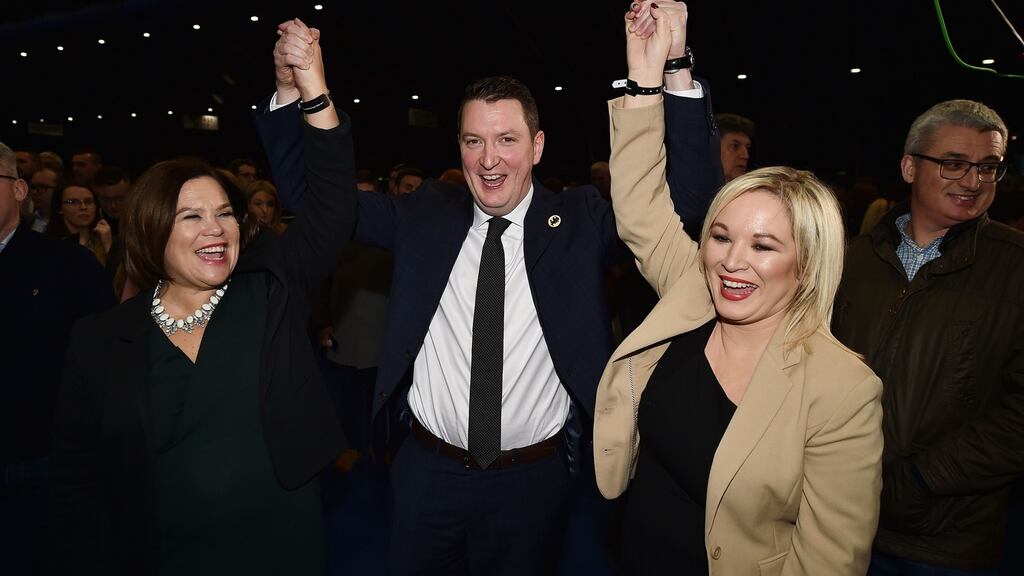 Sinn Féin’s John Finucane celebrates victory in North Belfast. The DUP are under pressure because of a pro-Remain vote, rather than a rise in support for a united Ireland. Photograph: Charles McQuillan/Getty