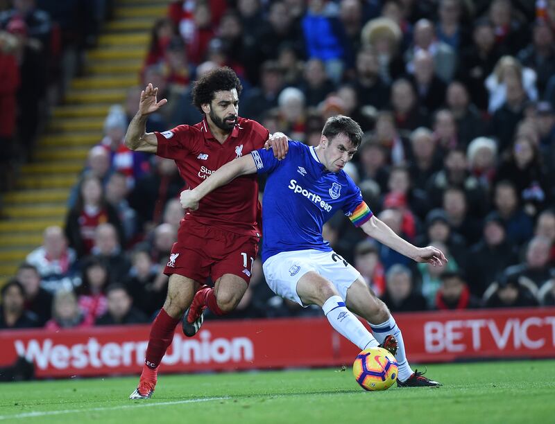 Mo you don't: Séamus Coleman beats Mohamed Salah to the ball during the Merseyside derby at Anfield in 2018. Photograph: John Powell/Liverpool FC via Getty Images