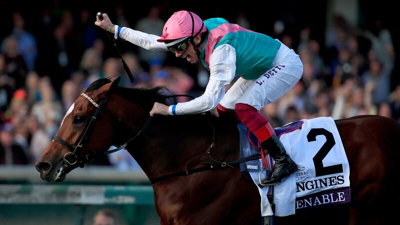 Jockey Frankie Dettori celebrates after Enable’s victory in the Breeders’ Cup Turf at Churchill Downs in Louisville, Kentucky. Photograph: Andy Lyons/Getty Images