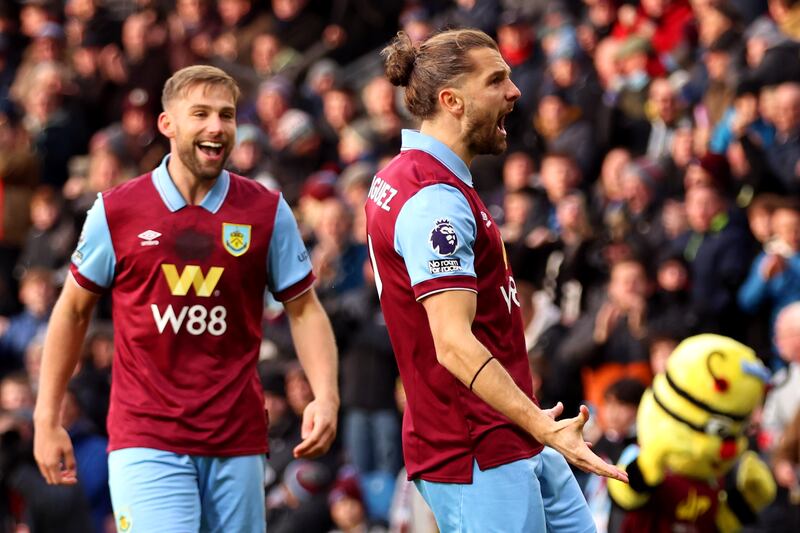 Jay Rodriguez of Burnley celebrates after scoring the team's first goal during the Premier League match. Photograph: Nathan Stirk/Getty