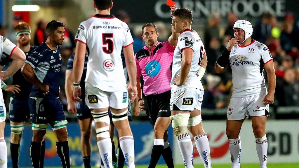 Referee Andrew Brace shows Ulster’s Matthew Rea the red card against Connacht during the Guinness Pro14 fixture at Kingspan Stadium. Photograph: James Crombie/Inpho.