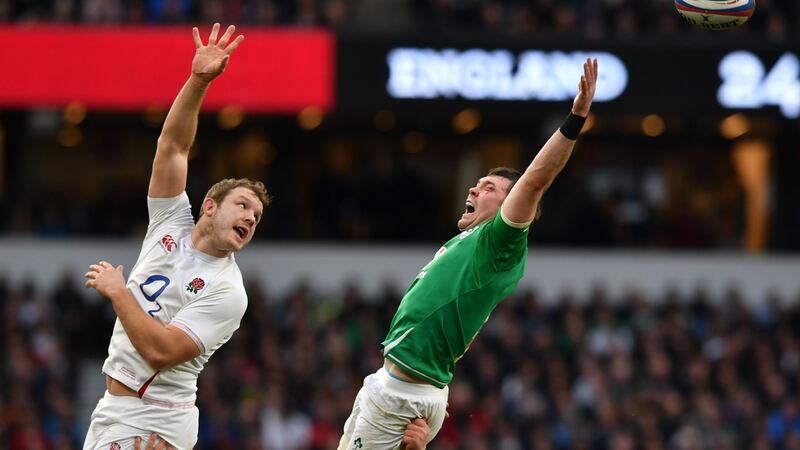 England’s Joe Launchbury challenges for a lineout with Peter O’Mahony at Twickenham. Photograph: Ben Stansall/AFP/Getty