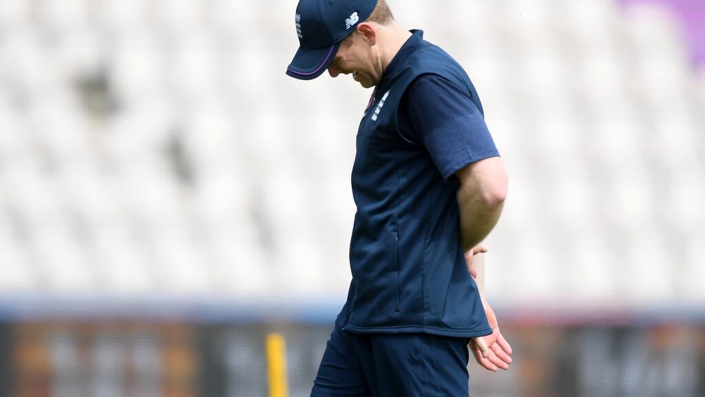 England captain Eoin Morgan injures his finger during an England nets session at The Hampshire Bowl. Photograph: Alex Davidson/Getty Images