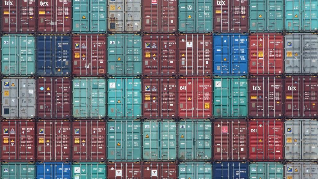 Containers stacked at Hamburg port: the EU accounted for €5.4bn or 49 per cent of total goods exports in March. Photograph: Focke Strangmann/EPA