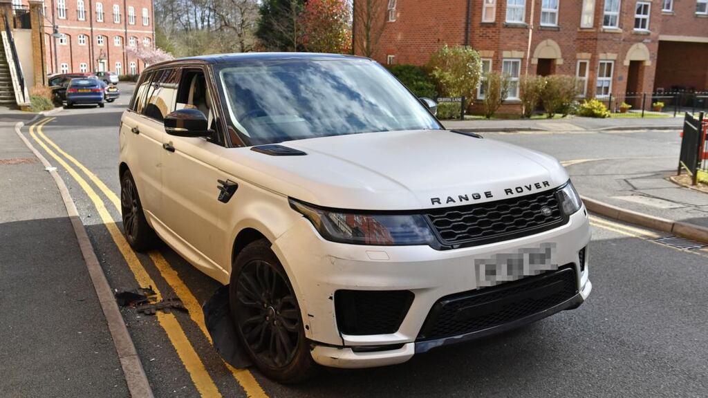 The damaged Range Rover pictured in Solihull, Birmingham. Photograph: Jacob King/PA