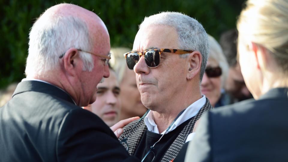 Poet Theo Dorgan and publisher Peter Fallon are pictured at the removal of Seamus Heaney at the Church of the Sacred Heart in Donnybrook. Photograph: Eric Luke.