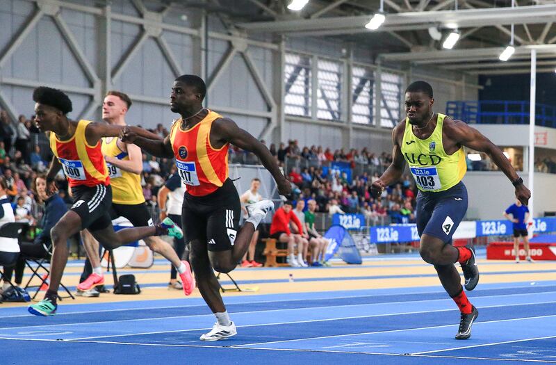 Sean Aigboboh of Tallaght AC, Israel Olatunde of Tallaght AC and Bori Akinola of UCD competing in the 60m at the National Indoor Championships in Blanchardstown. Photograph: Bryan Keane/Inpho