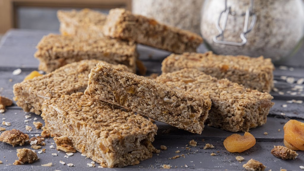 Apricot, orange and almond granola bars. Photograph: Harry Weir