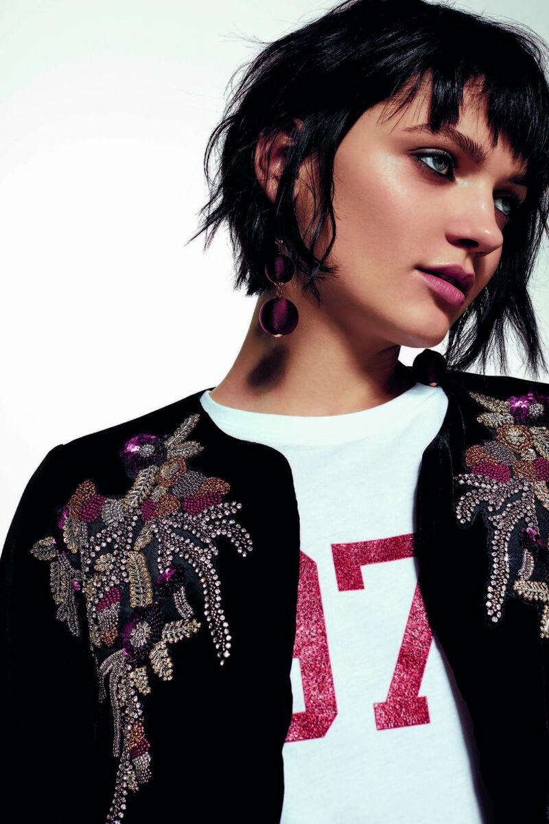 Jacket €49.99, T-shirt €11.99, earrings, €7.99, New Look.