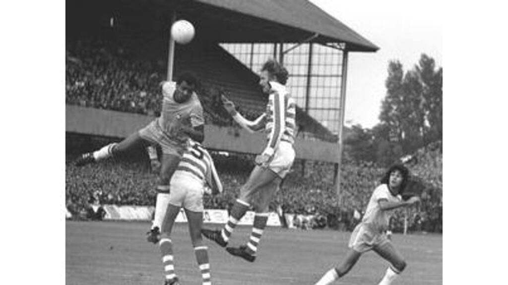 Derek Dougan in action against Brazil the last time they came to Dublin, in July 1973. Dougan beleives his participation in organising the game cost him what remained of his international career