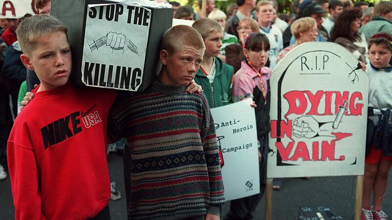 SEE STORY JOHN MEAGHER....Young anti-drugs protestors outside the Department of Justice in Dublin yesterday during a march organised by the Coalition of Communities against Drugs. PHOTOGRAPH - FRANK MILLER 27.9.96